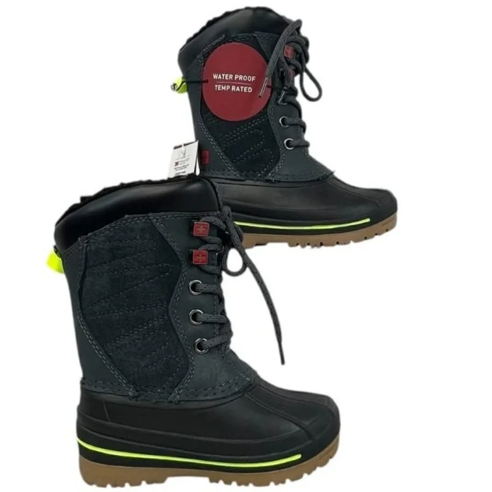 Swiss Tech 7 Black Grey Waterproof Suede Winter Snow Boots Insulated Kids NWT‎